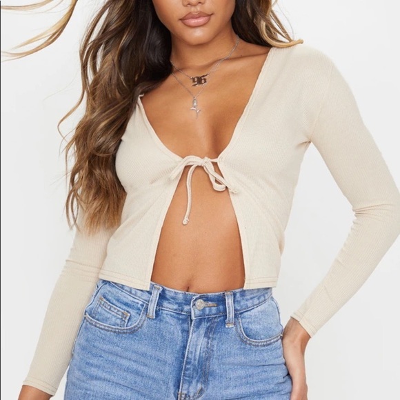 PrettyLittleThing Tops - PrettyLittleThing Y2K Sand Beige Ribbed Tie Front Crop Top, size 2